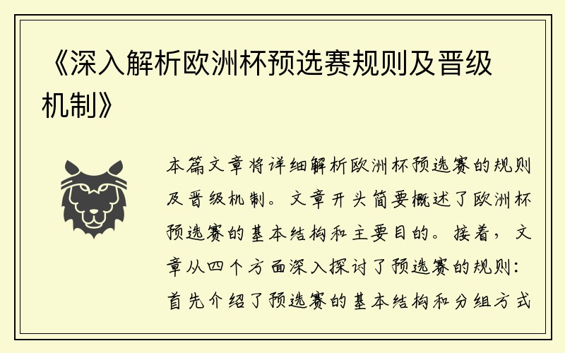 《深入解析欧洲杯预选赛规则及晋级机制》