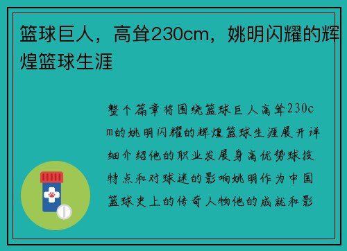 篮球巨人，高耸230cm，姚明闪耀的辉煌篮球生涯